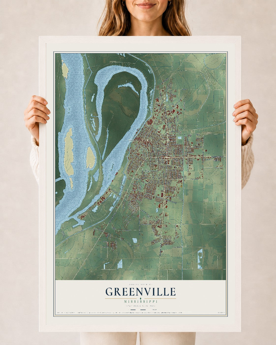 Map of Greenville, Mississippi, 24 x 36 inch print in a white wood frame