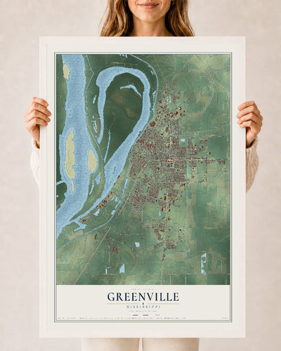 Map of Greenville, Mississippi, 24 x 36 inch print in a white wood frame