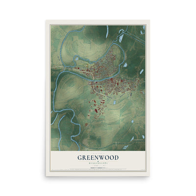 Map of Greenwood, Mississippi, 12 x 18 inch unframed archival matte print