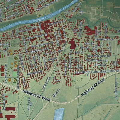 Close-up of the map of Greenwood, Mississippi print showing street and building detail