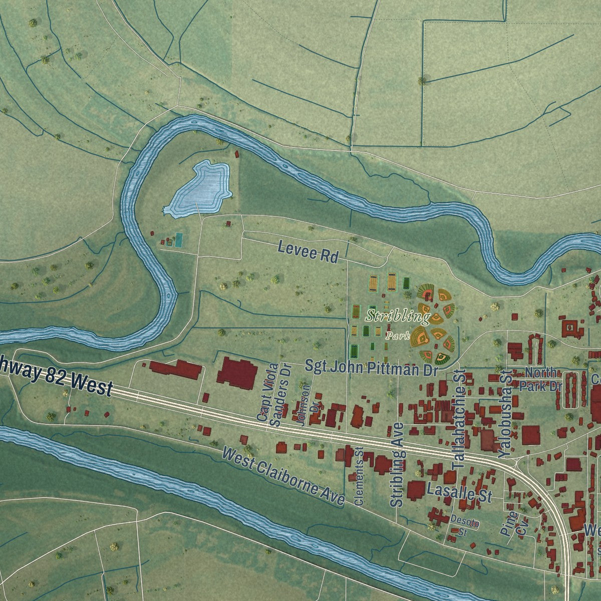 Second close-up of the map of Greenwood, Mississippi print showing more streets and buildings