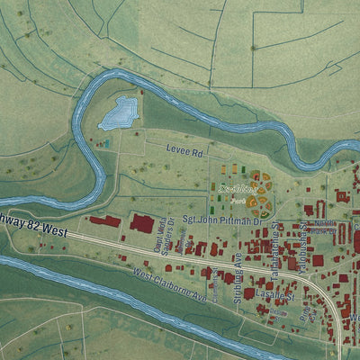 Second close-up of the map of Greenwood, Mississippi print showing more streets and buildings