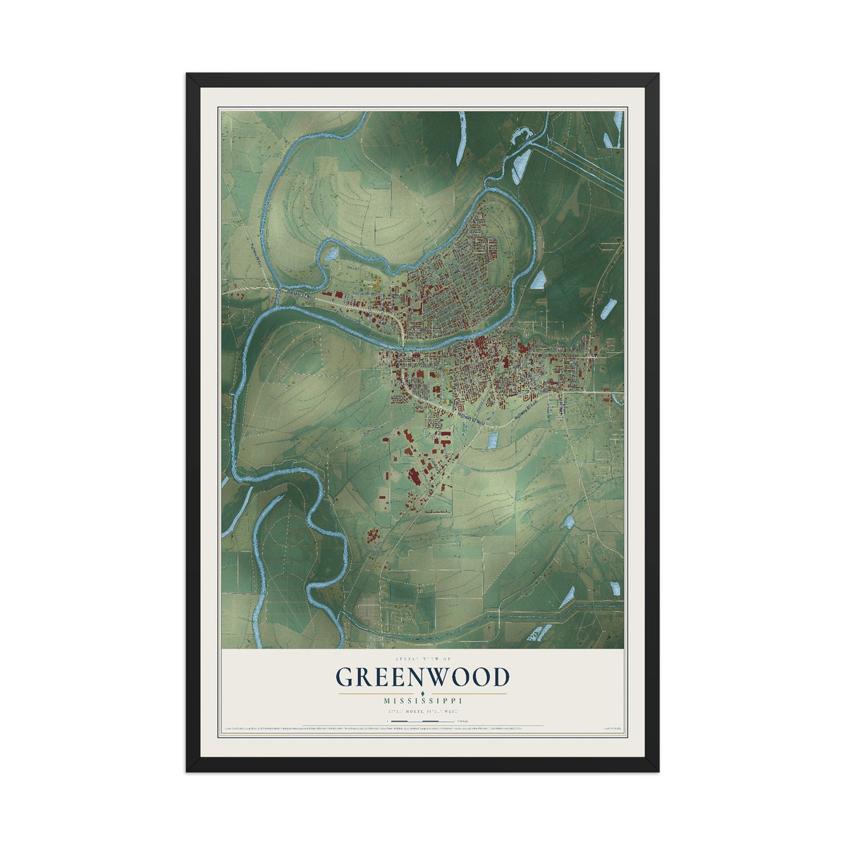 Map of Greenwood, Mississippi, 12 x 18 inch print in a black wood frame