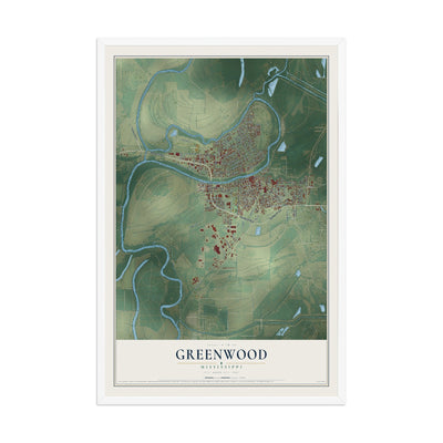 Map of Greenwood, Mississippi, 12 x 18 inch print in a white wood frame