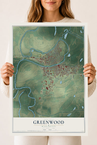 Map of Greenwood, Mississippi, 18 x 24 inch unframed archival matte print