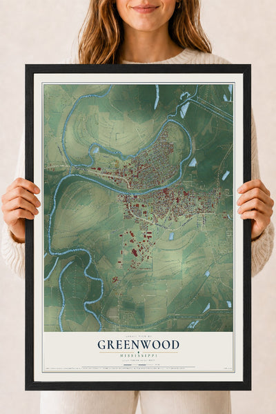 Map of Greenwood, Mississippi, 18 x 24 inch print in a black wood frame
