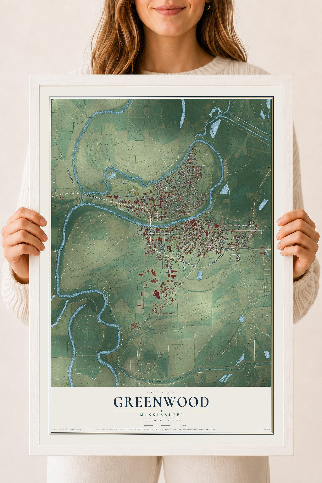 Map of Greenwood, Mississippi, 18 x 24 inch print in a white wood frame