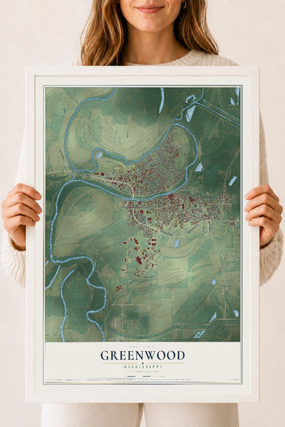 Map of Greenwood, Mississippi, 18 x 24 inch print in a white wood frame