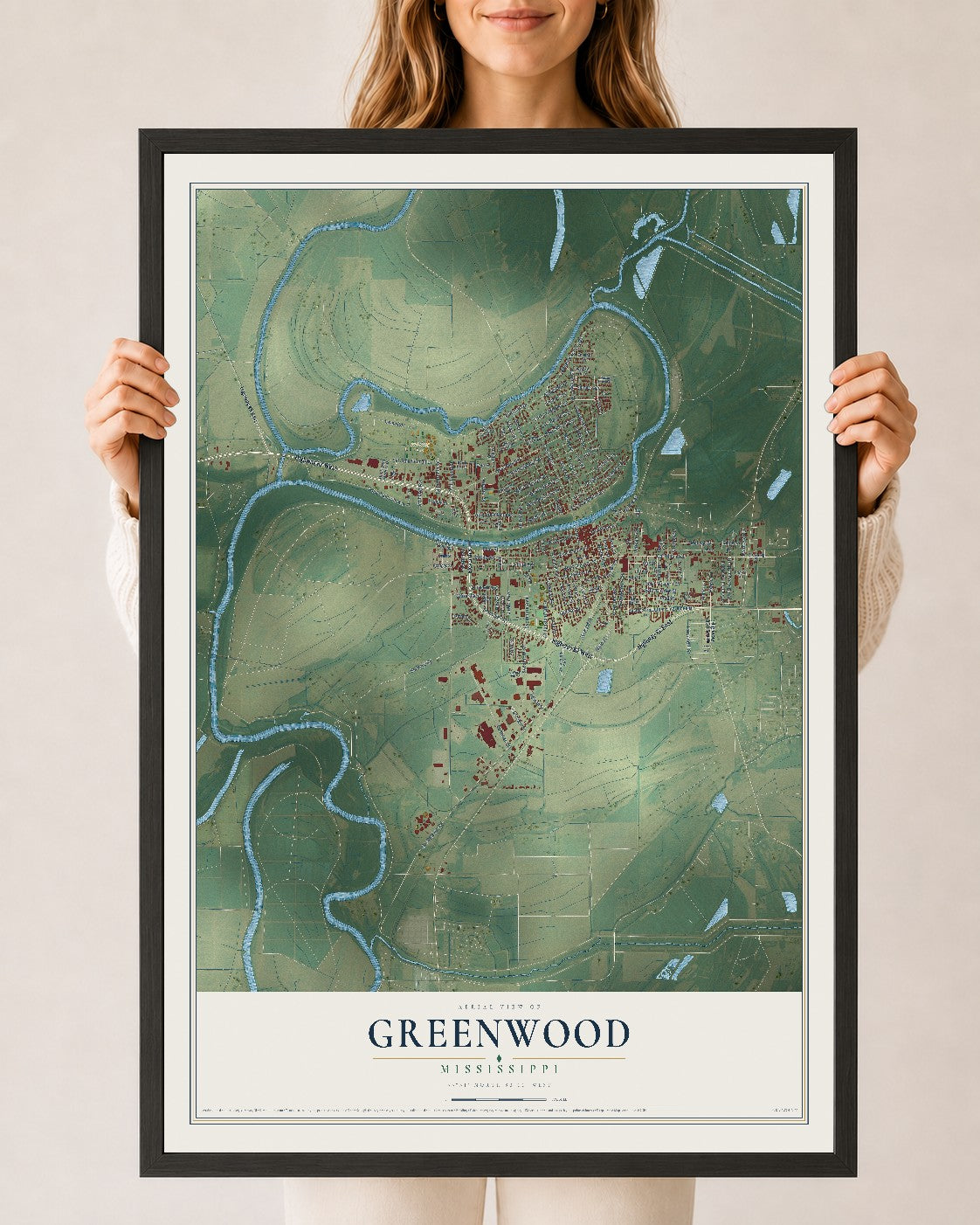 Map of Greenwood, Mississippi, 24 x 36 inch print in a black wood frame