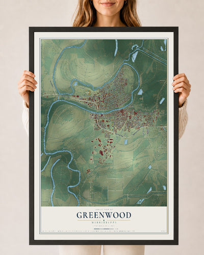 Map of Greenwood, Mississippi, 24 x 36 inch print in a black wood frame