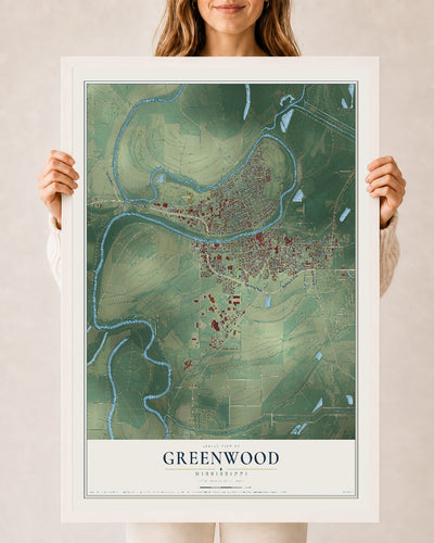 Map of Greenwood, Mississippi, 24 x 36 inch print in a white wood frame