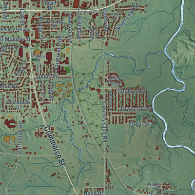 Second close-up of the map of Grenada, Mississippi print showing more streets and buildings