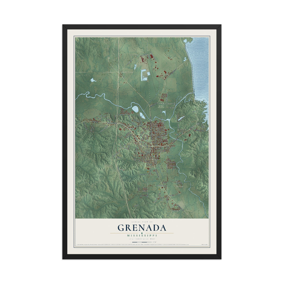 Map of Grenada, Mississippi, 12 x 18 inch print in a black wood frame