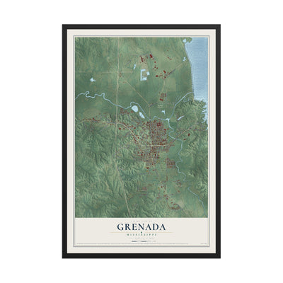 Map of Grenada, Mississippi, 12 x 18 inch print in a black wood frame