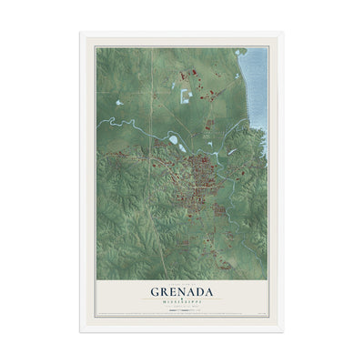 Map of Grenada, Mississippi, 12 x 18 inch print in a white wood frame