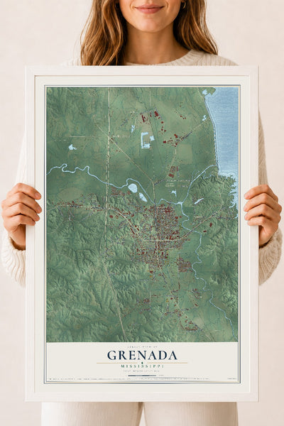Map of Grenada, Mississippi, 18 x 24 inch print in a white wood frame