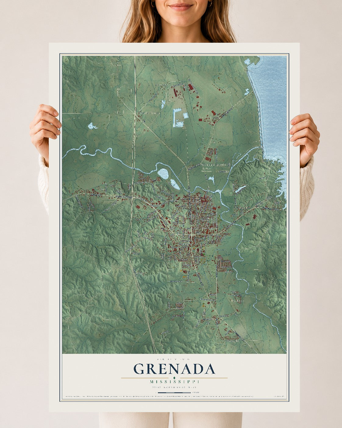 Map of Grenada, Mississippi, 24 x 36 inch unframed archival matte print