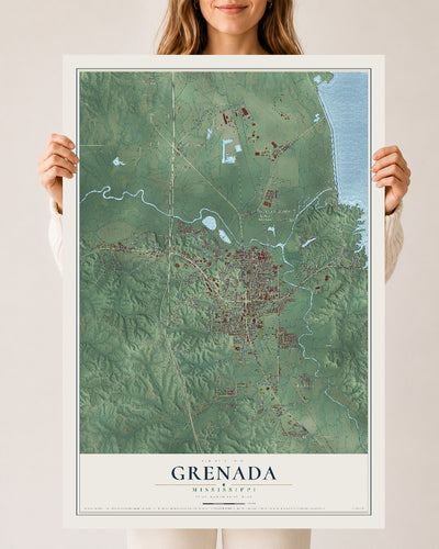 Map of Grenada, Mississippi, 24 x 36 inch unframed archival matte print