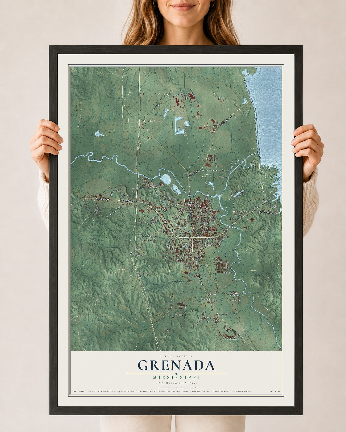 Map of Grenada, Mississippi, 24 x 36 inch print in a black wood frame