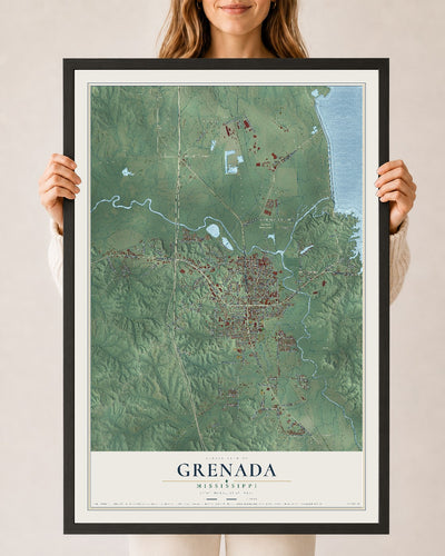 Map of Grenada, Mississippi, 24 x 36 inch print in a black wood frame