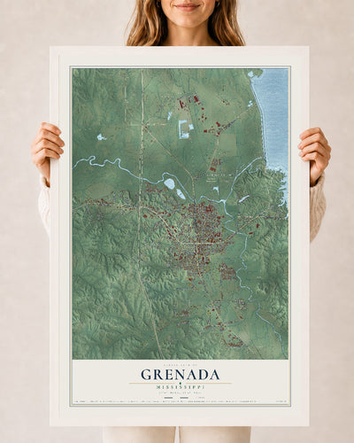 Map of Grenada, Mississippi, 24 x 36 inch print in a white wood frame