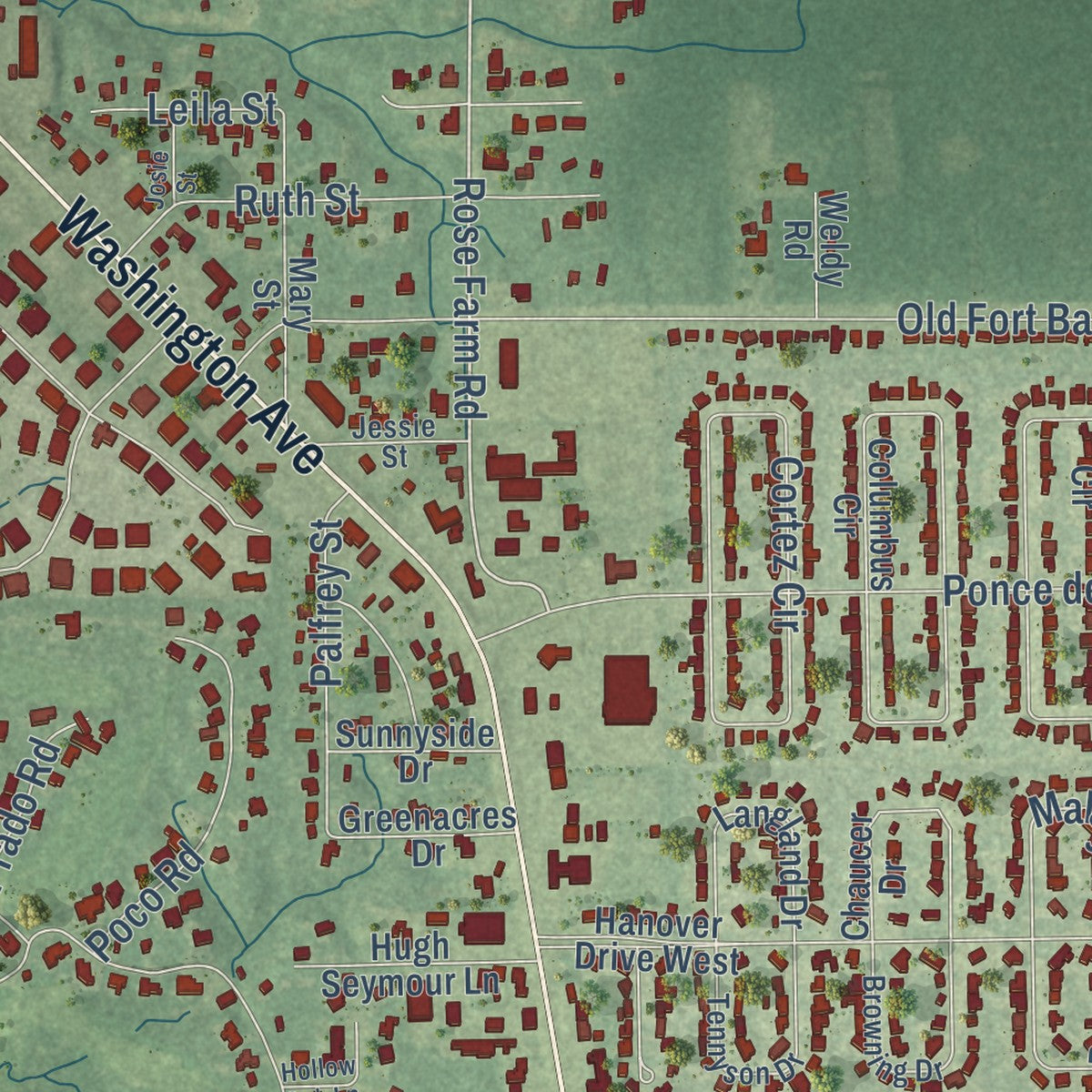 Close-up of the map of Gulf Hills, Mississippi print showing street and building detail