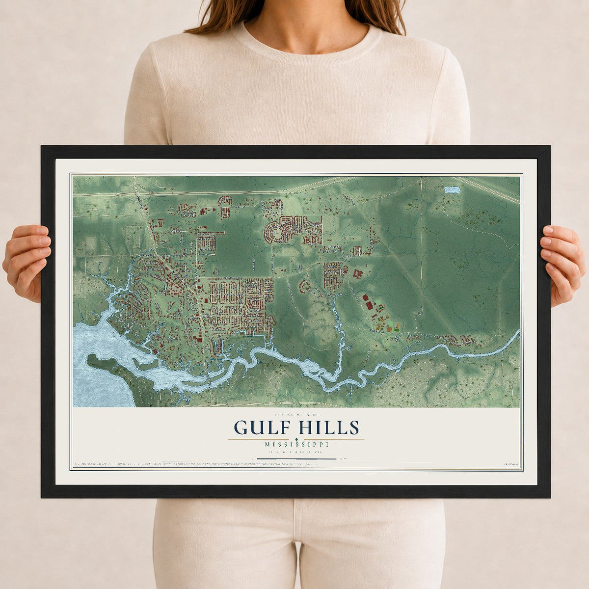 Map of Gulf Hills, Mississippi, 12 x 18 inch print in a black wood frame