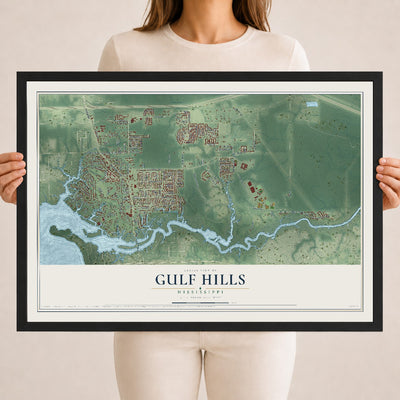 Map of Gulf Hills, Mississippi, 18 x 24 inch print in a black wood frame