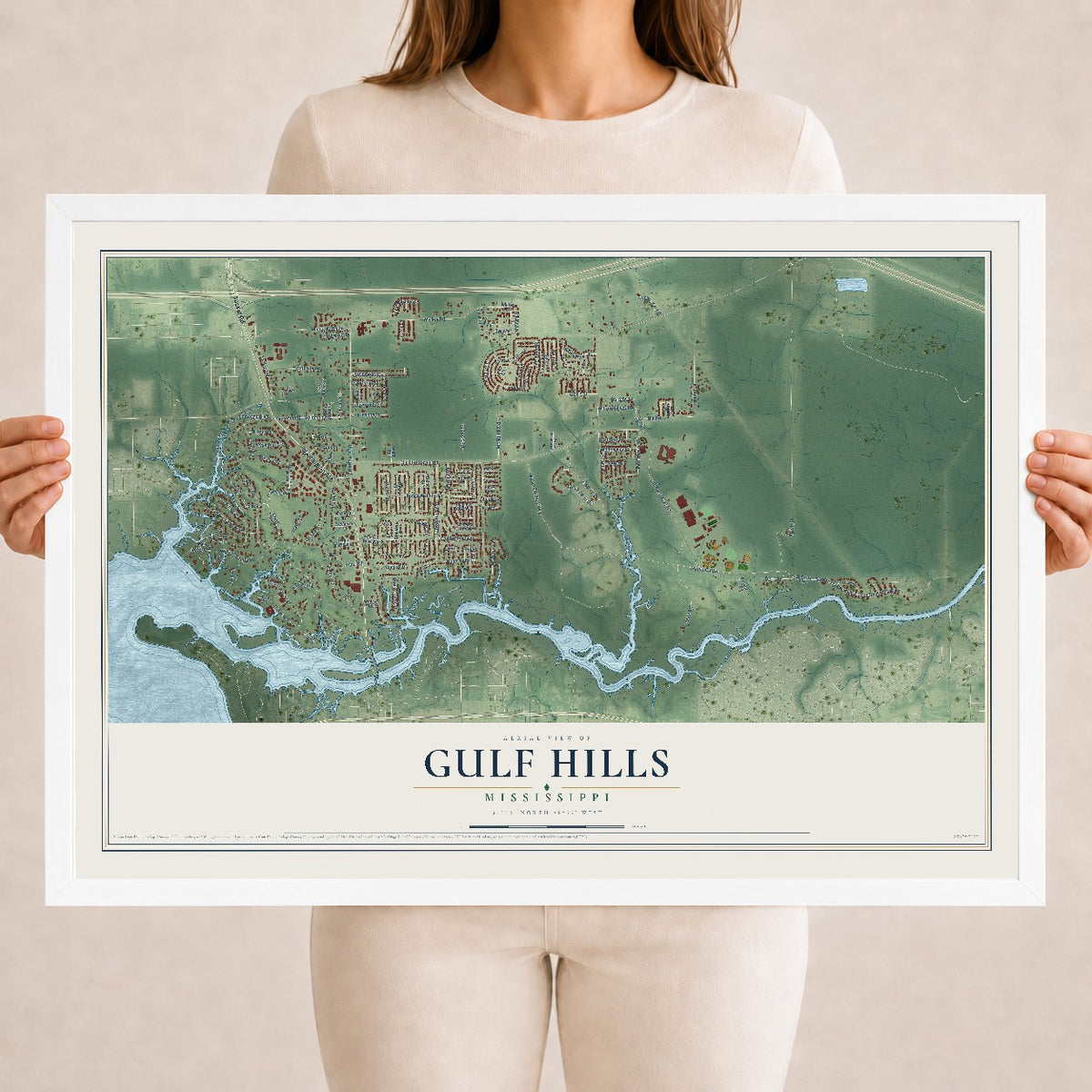 Map of Gulf Hills, Mississippi, 18 x 24 inch print in a white wood frame