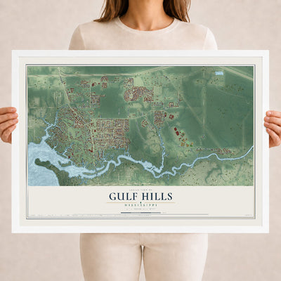 Map of Gulf Hills, Mississippi, 18 x 24 inch print in a white wood frame