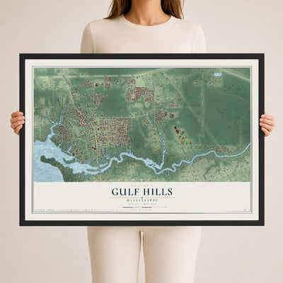 Map of Gulf Hills, Mississippi, 24 x 36 inch print in a black wood frame