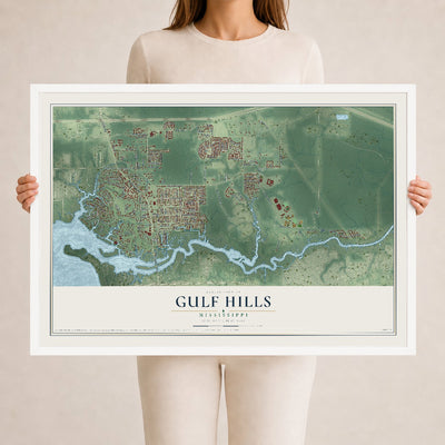 Map of Gulf Hills, Mississippi, 24 x 36 inch print in a white wood frame