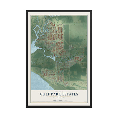 Map of Gulf Park Estates, Mississippi, 12 x 18 inch print in a black wood frame