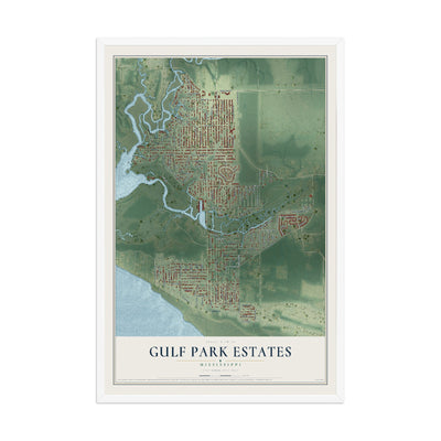 Map of Gulf Park Estates, Mississippi, 12 x 18 inch print in a white wood frame