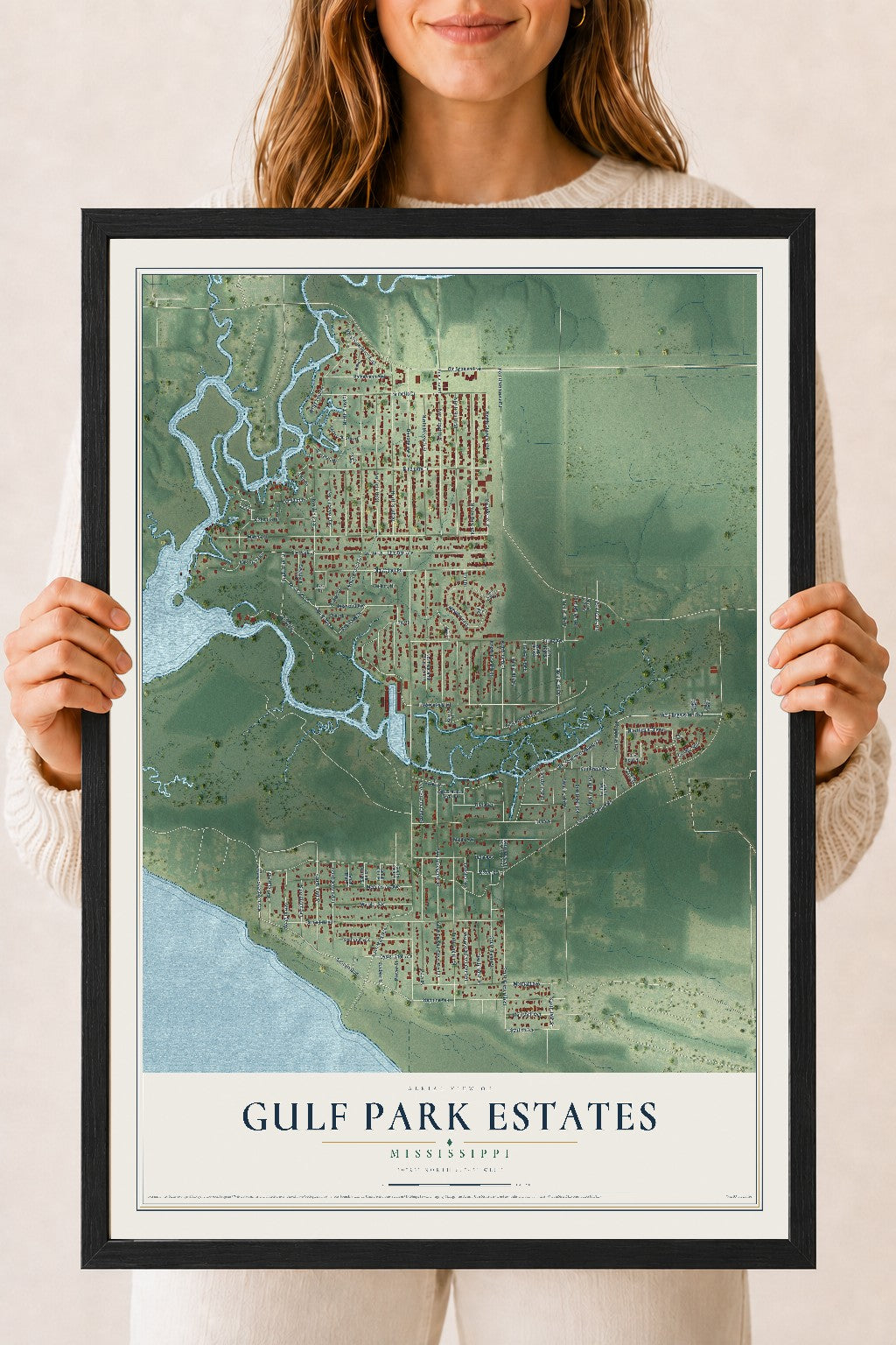 Map of Gulf Park Estates, Mississippi, 18 x 24 inch print in a black wood frame