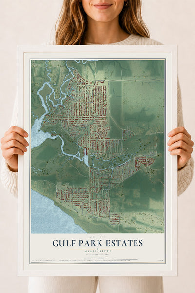 Map of Gulf Park Estates, Mississippi, 18 x 24 inch print in a white wood frame