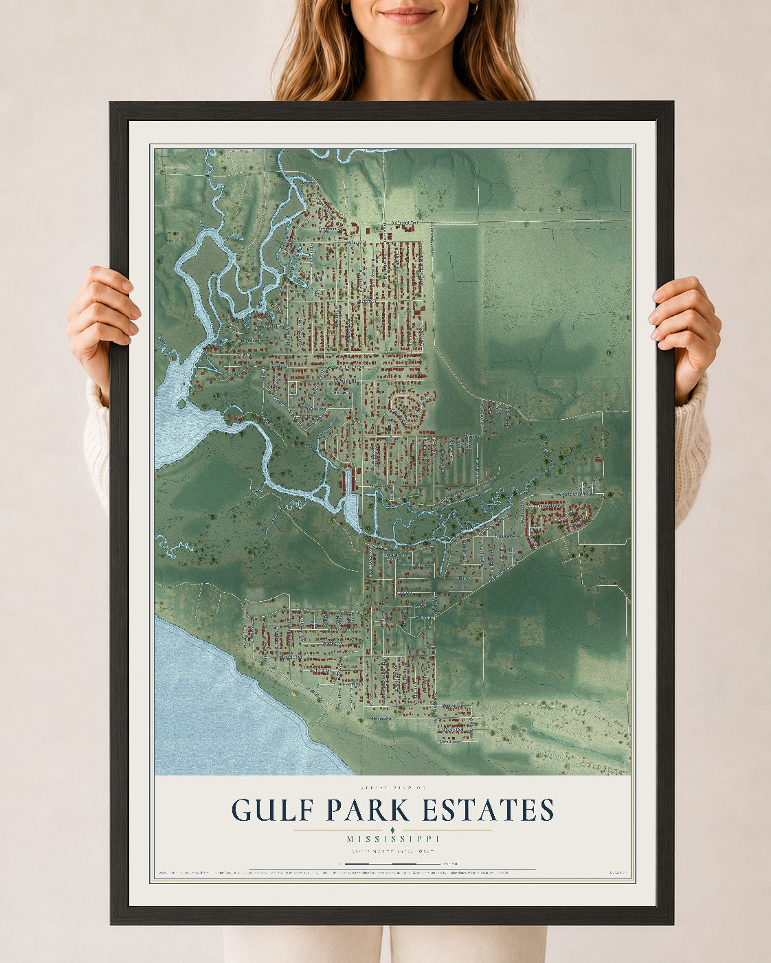 Map of Gulf Park Estates, Mississippi, 24 x 36 inch print in a black wood frame