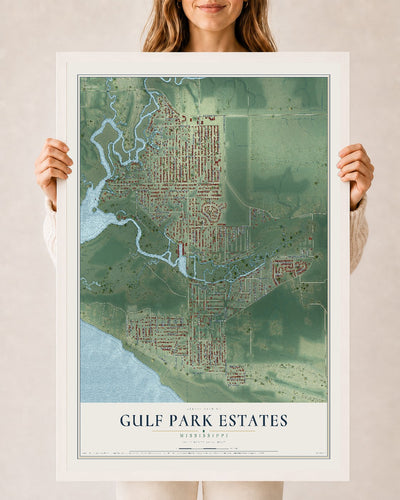 Map of Gulf Park Estates, Mississippi, 24 x 36 inch print in a white wood frame