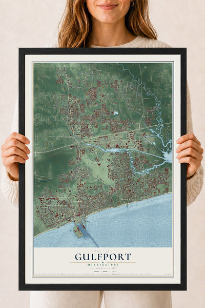 Map of Gulfport, Mississippi, 18 x 24 inch print in a black wood frame