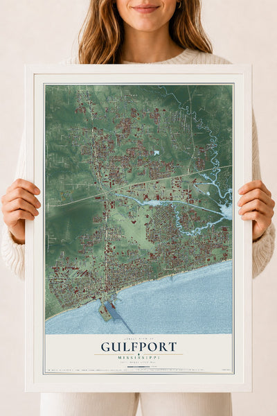 Map of Gulfport, Mississippi, 18 x 24 inch print in a white wood frame