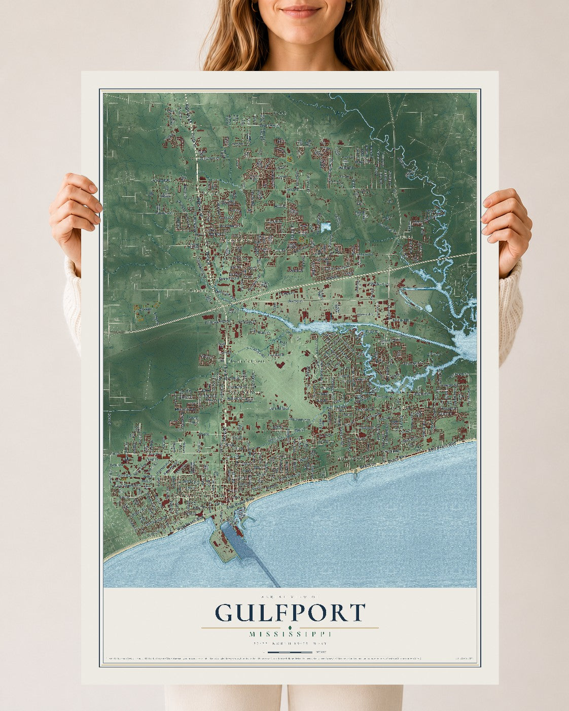 Map of Gulfport, Mississippi, 24 x 36 inch unframed archival matte print