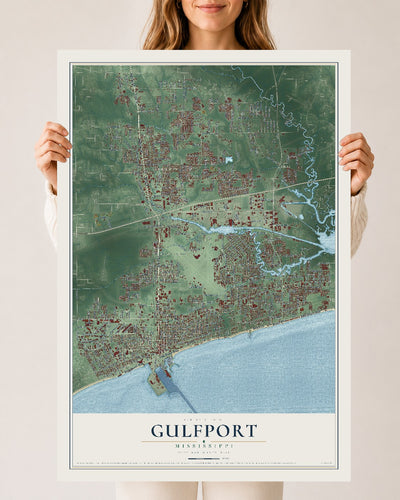 Map of Gulfport, Mississippi, 24 x 36 inch unframed archival matte print