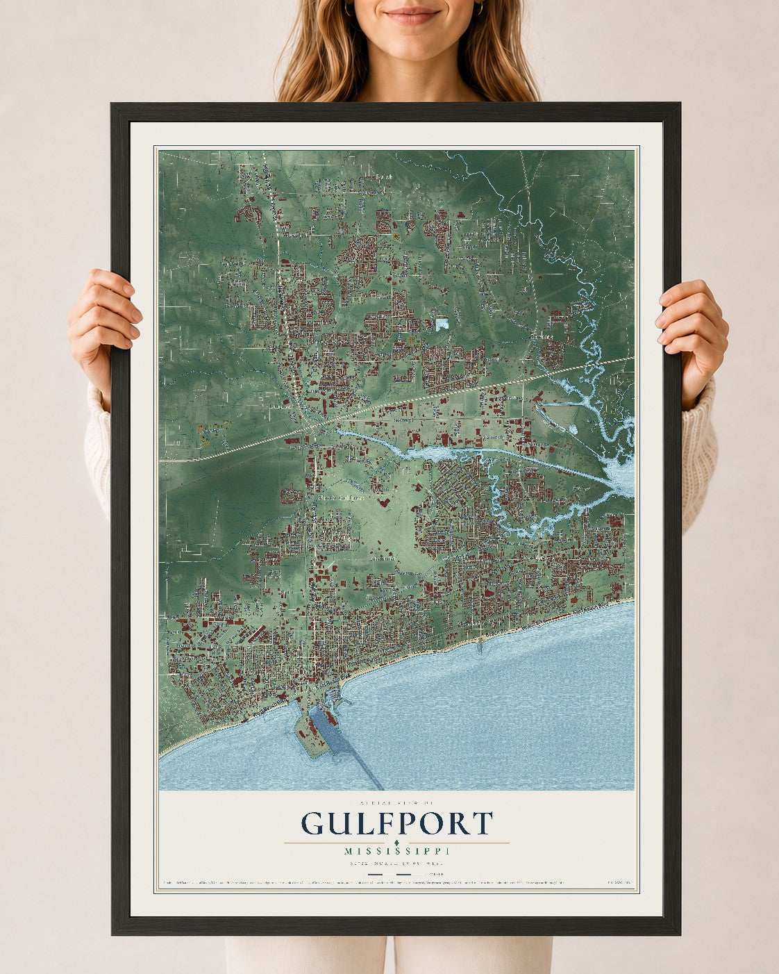 Map of Gulfport, Mississippi, 24 x 36 inch print in a black wood frame