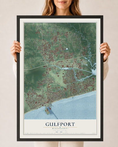 Map of Gulfport, Mississippi, 24 x 36 inch print in a black wood frame