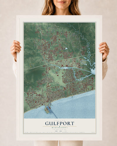 Map of Gulfport, Mississippi, 24 x 36 inch print in a white wood frame