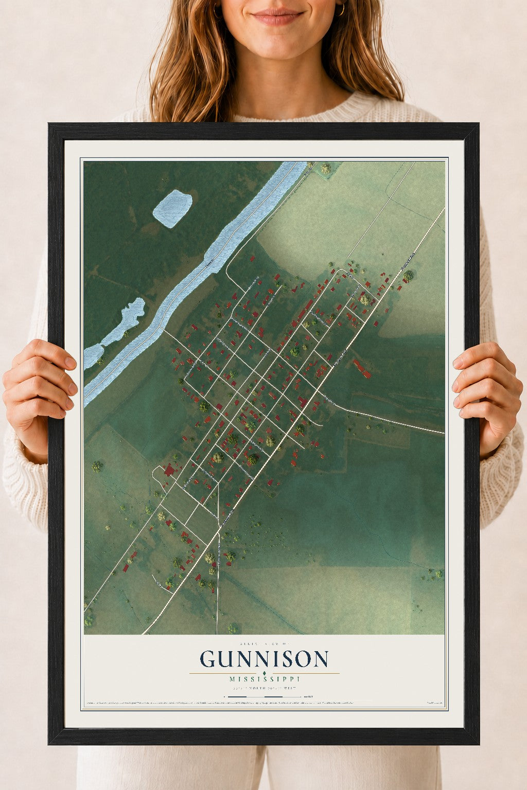 Map of Gunnison, Mississippi, 18 x 24 inch print in a black wood frame