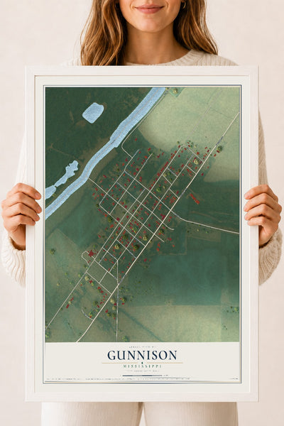 Map of Gunnison, Mississippi, 18 x 24 inch print in a white wood frame