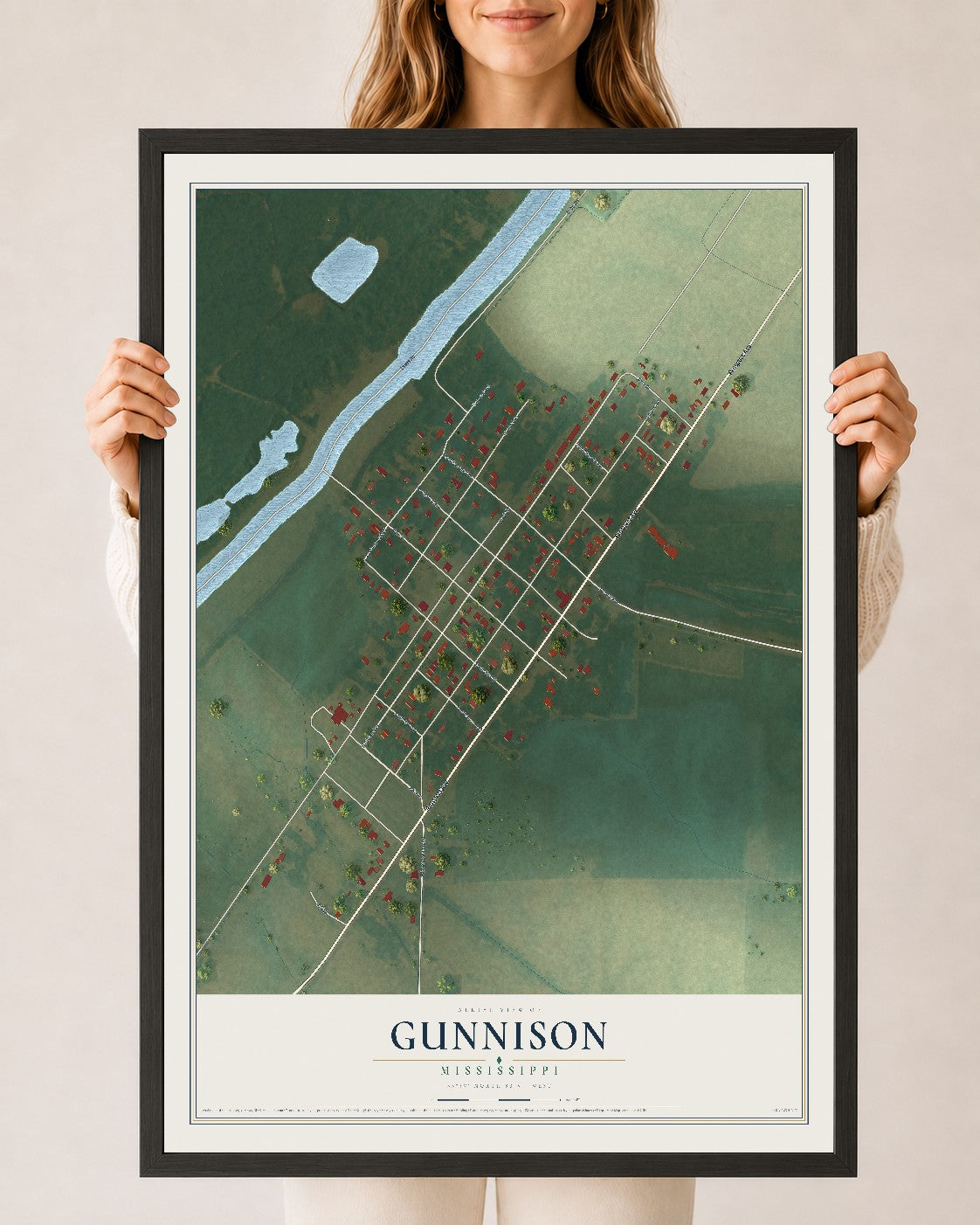 Map of Gunnison, Mississippi, 24 x 36 inch print in a black wood frame
