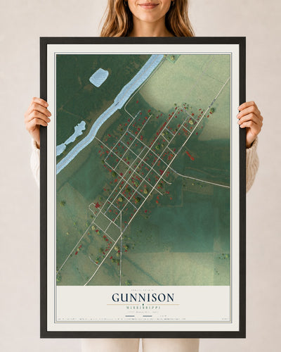 Map of Gunnison, Mississippi, 24 x 36 inch print in a black wood frame