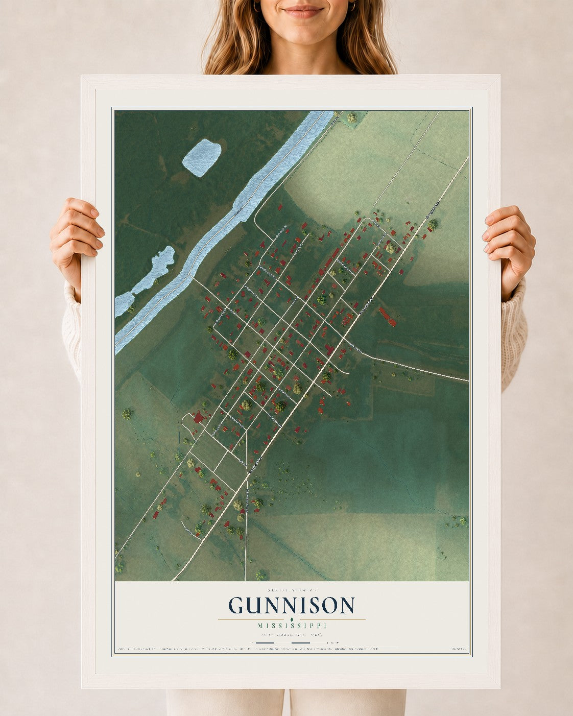 Map of Gunnison, Mississippi, 24 x 36 inch print in a white wood frame